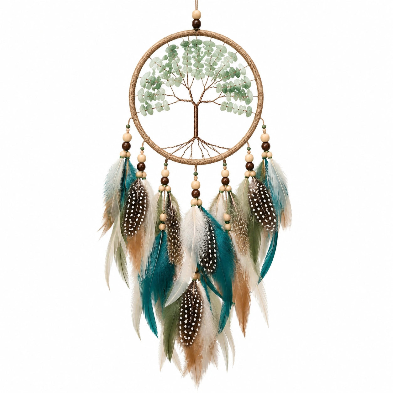 Attrape-rêves 35 x 85 cm en plumes vertes et perles en bois décoration murale bohème