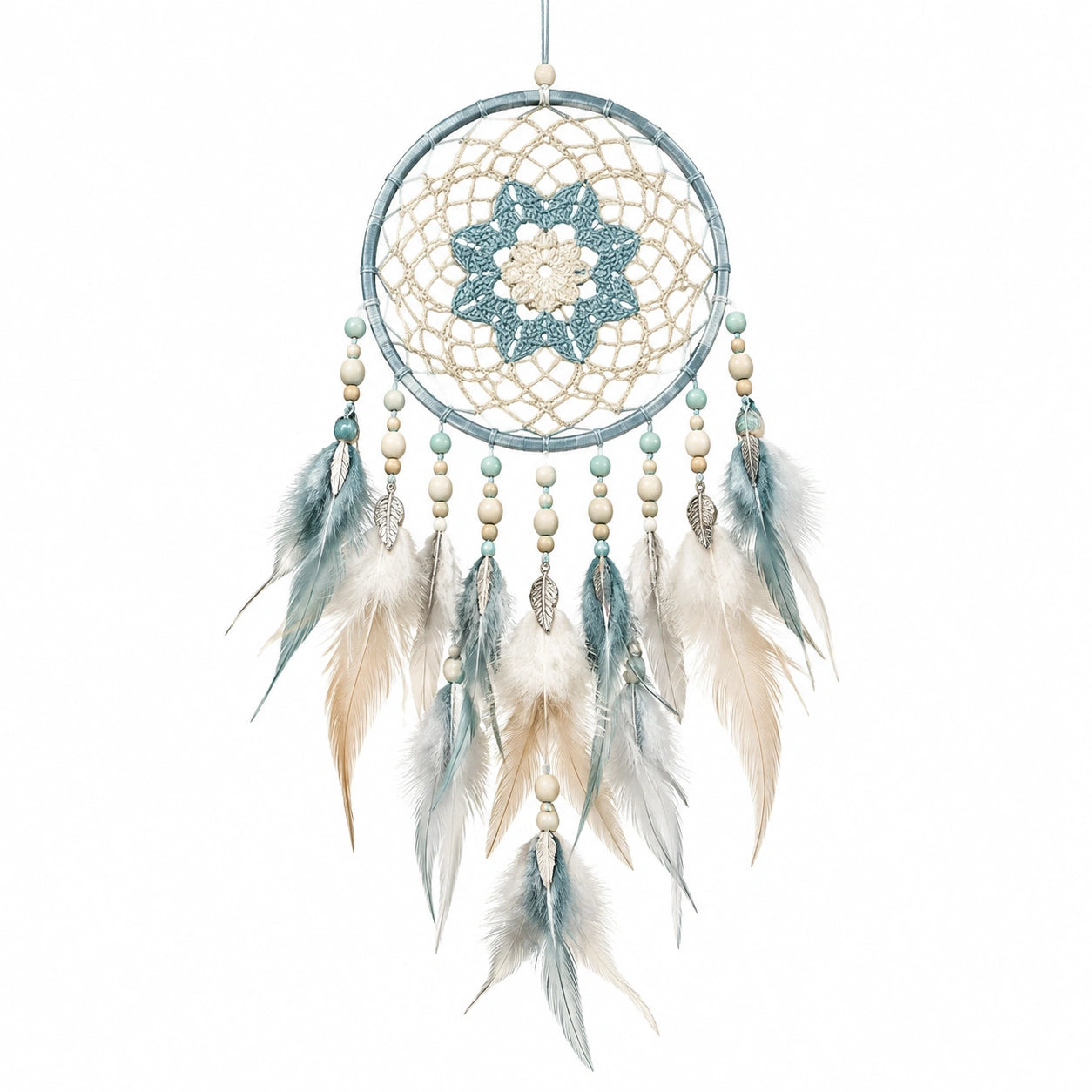 Attrape-rêves 30 cm x 70 cm en fibres tressées bleu gris beige style bohème décor mural