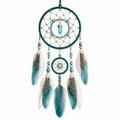 Attrape-rêves 30 x 75 cm en plumes turquoise et beige décoration murale bohème