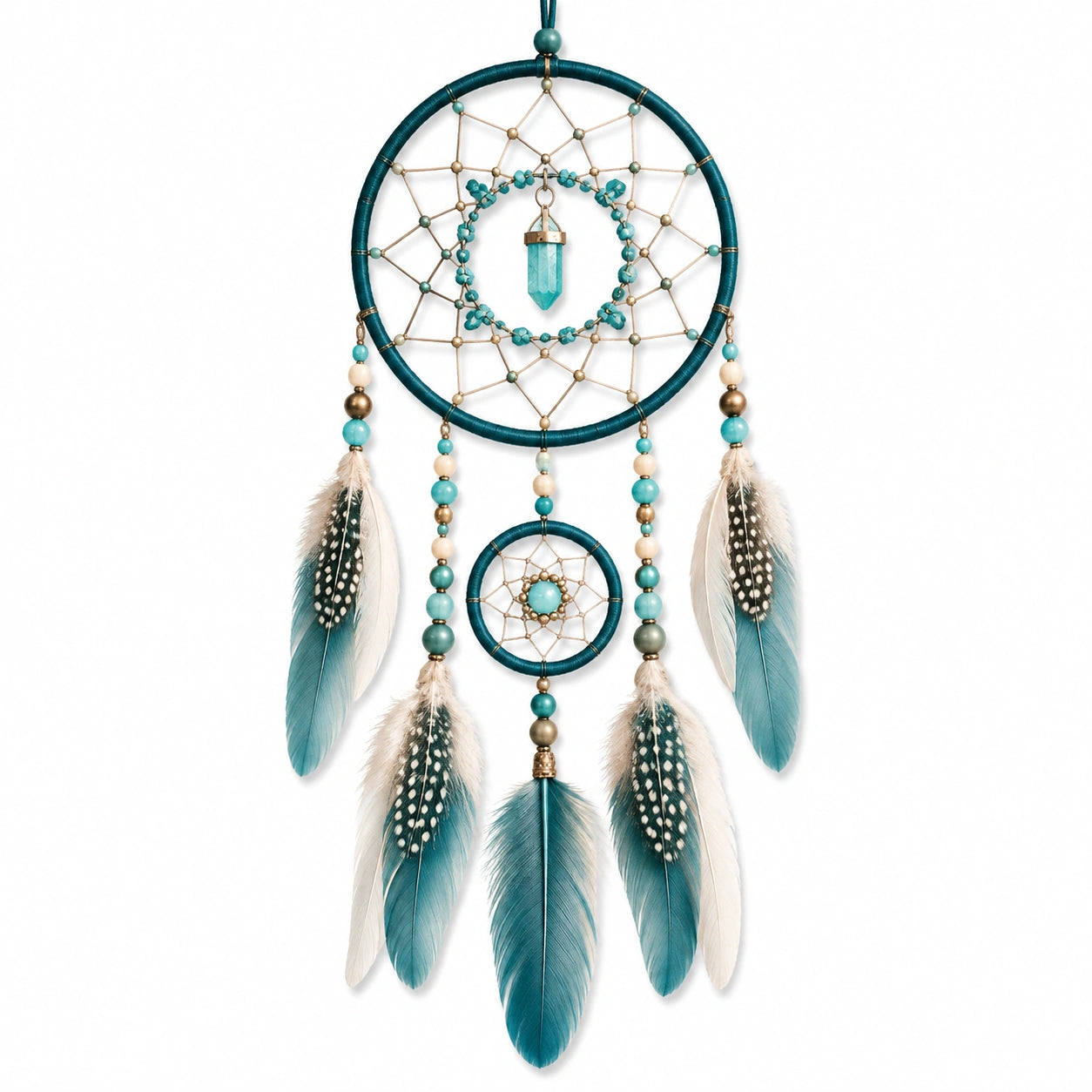 Attrape-rêves 30 x 75 cm en plumes turquoise et beige décoration murale bohème