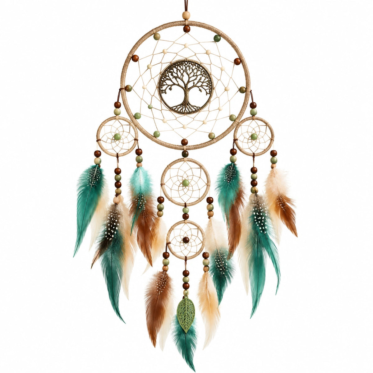 Attrape-rêves 40 x 90 cm en corde et plumes vert beige style bohème à suspendre