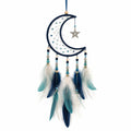 Attrape-rêves lune 25 x 65 cm en fibres textiles bleu et blanc avec plumes décoratives