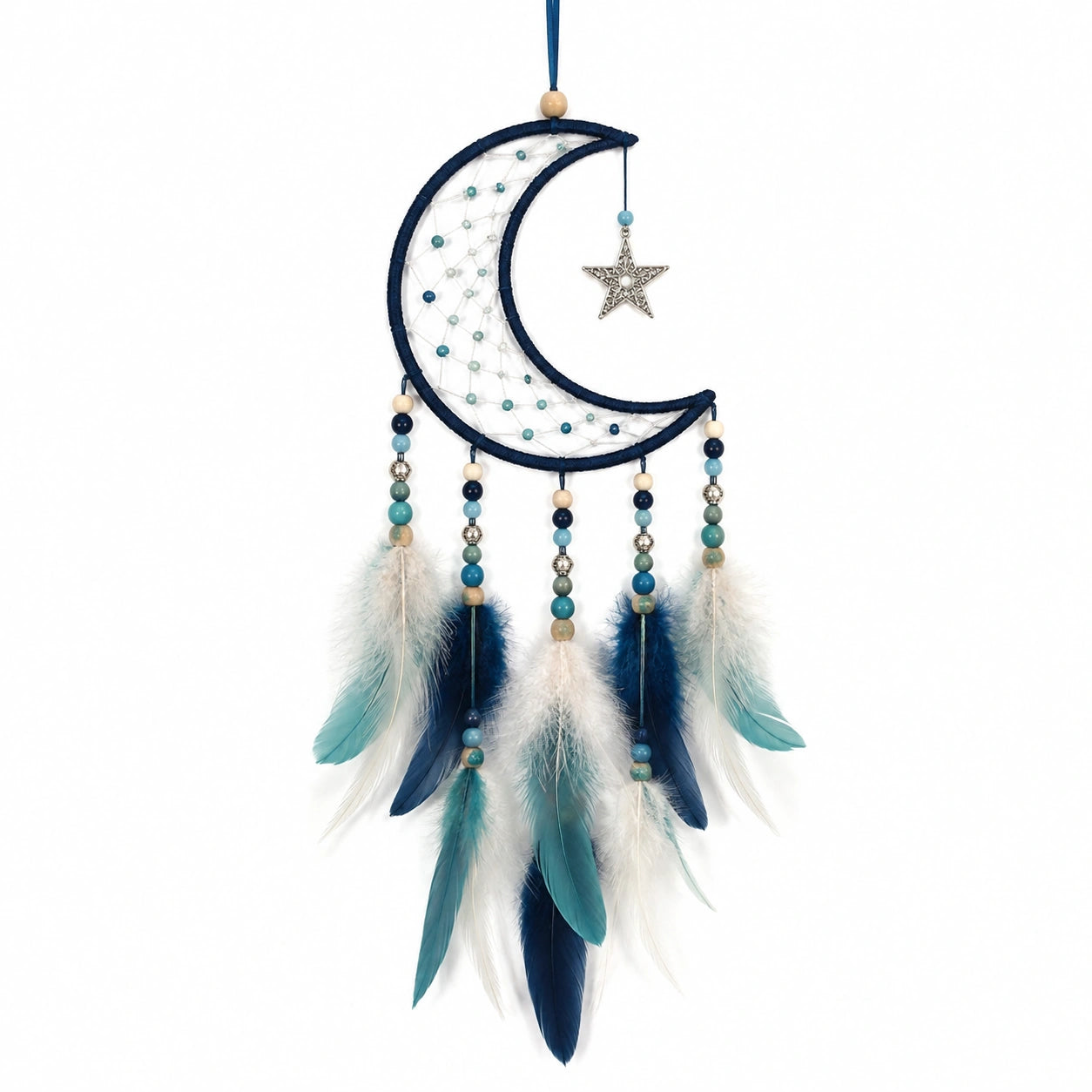 Attrape-rêves lune 25 x 65 cm en fibres textiles bleu et blanc avec plumes décoratives