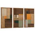 Lot de 3 tableaux muraux 40 x 80 cm en bois brun vert ocre style géométrique