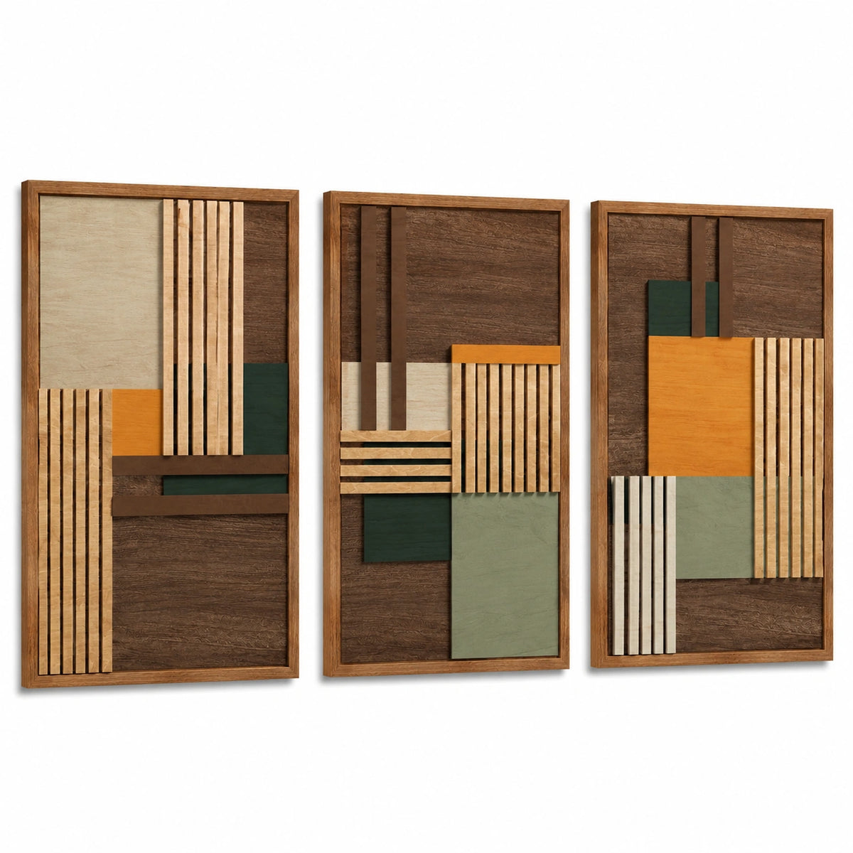 Lot de 3 tableaux muraux 40 x 80 cm en bois brun vert ocre style géométrique