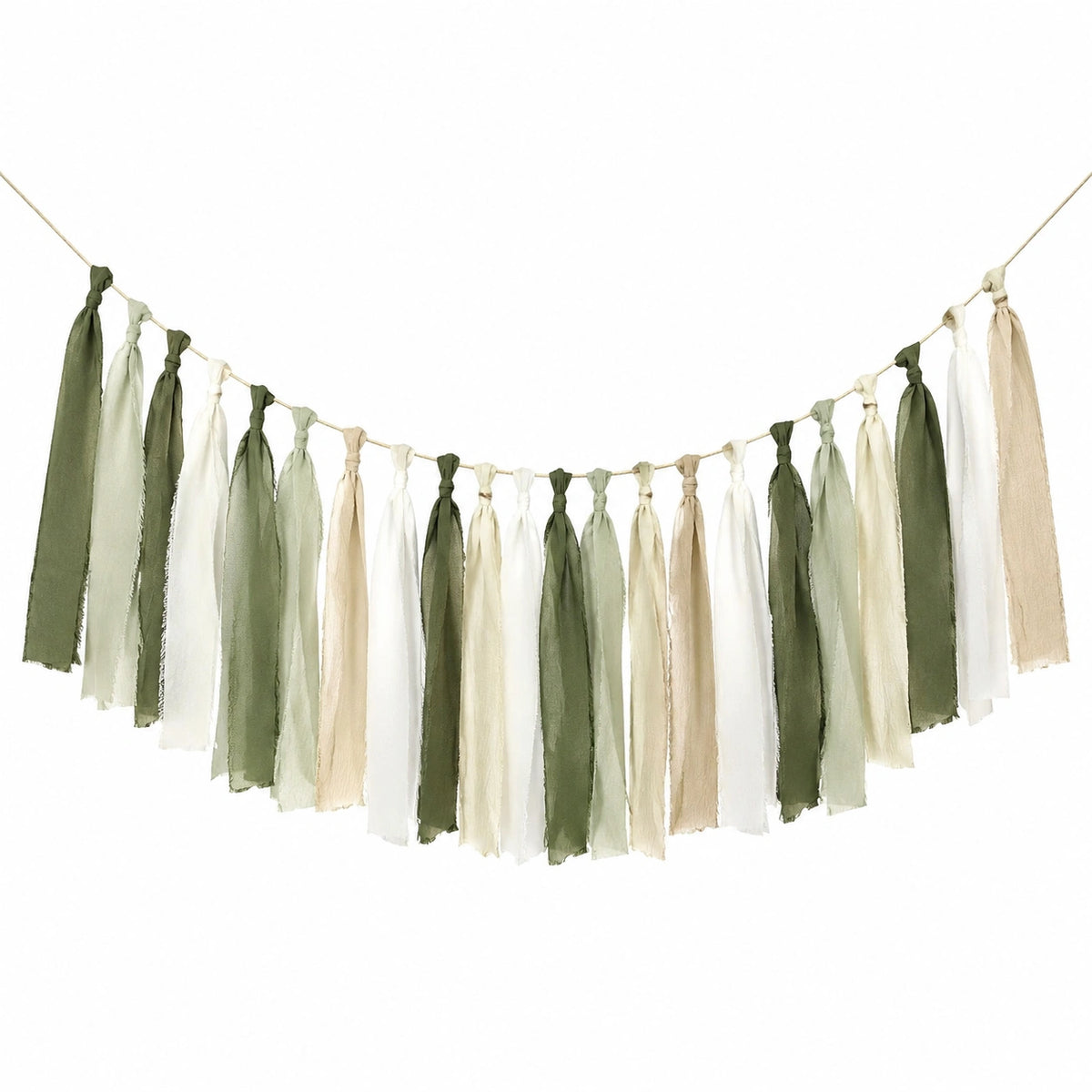 Guirlande décorative 150 x 65 cm en textile vert blanc beige à franges pour décoration murale