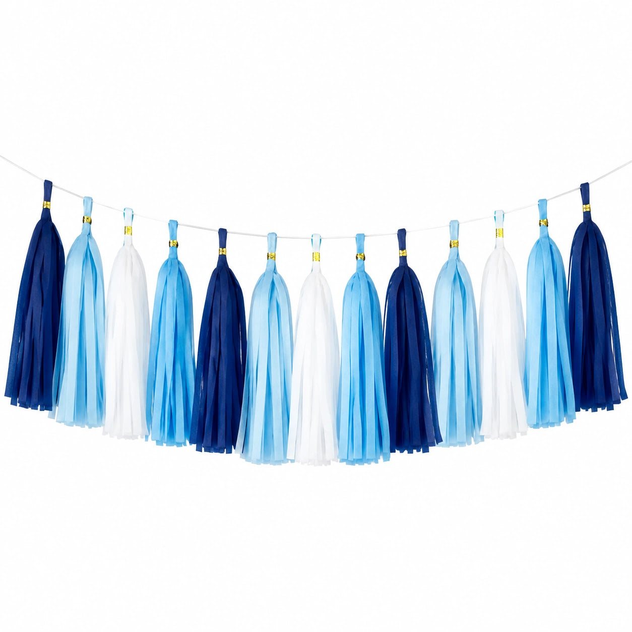 Guirlande décorative 200 cm en papier de soie bleu marine bleu clair blanc à pompons pour fête