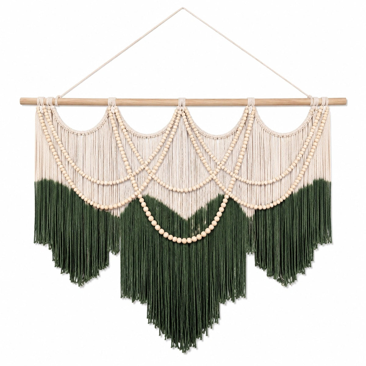 Décoration murale tissée 100 x 95 cm en fibres textiles crème et vert foncé style bohème