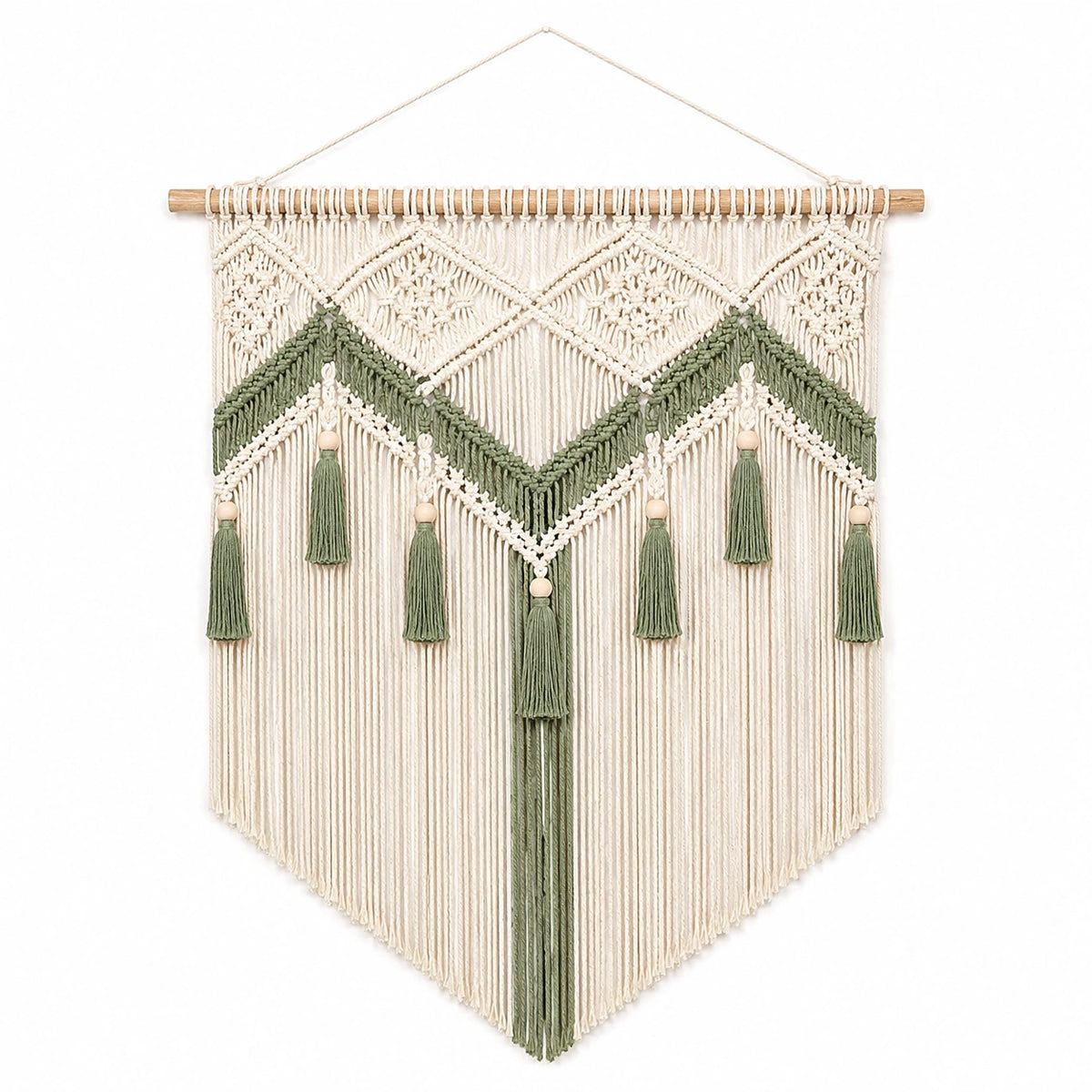 Tenture murale 50 x 90 cm en coton écru et vert sauge style bohème à franges