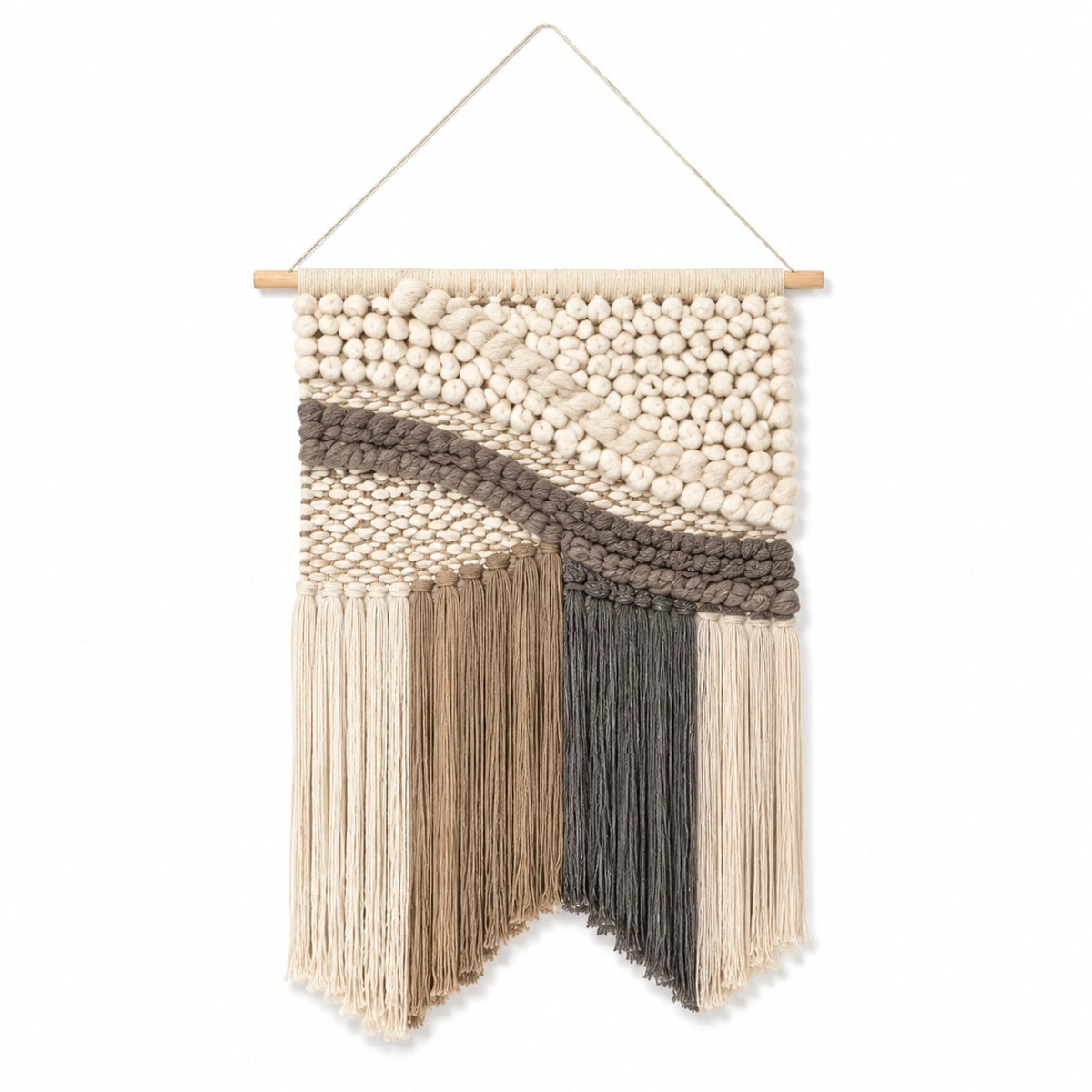 Tapisserie murale 50 x 85 cm en fibres textiles beige marron gris avec franges style bohème