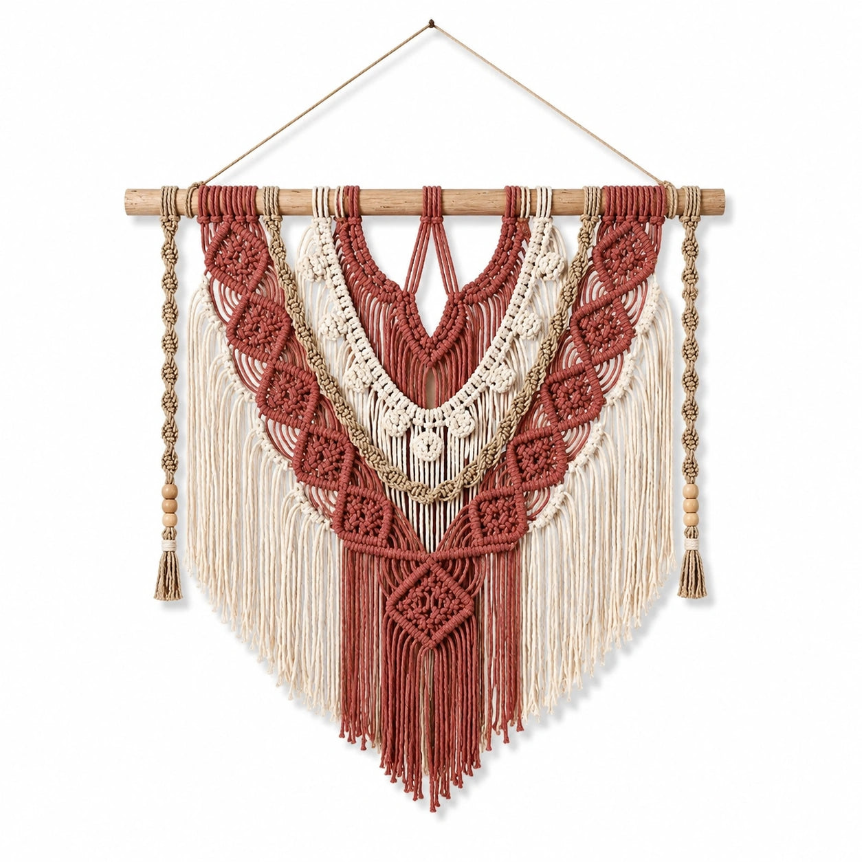 Tenture murale en macramé 60 x 85 cm coton beige terracotta style bohème