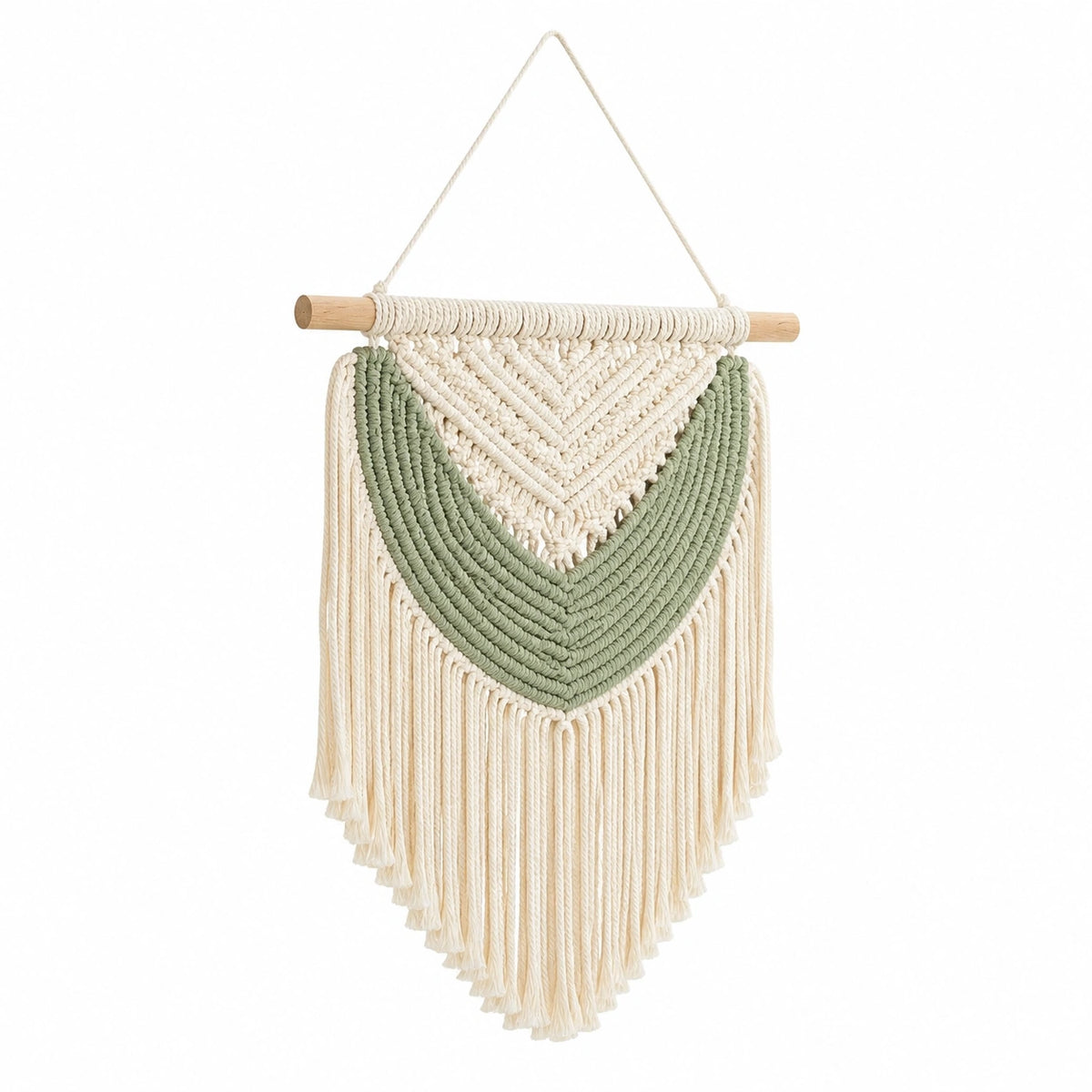 Tenture murale macramé 45 x 75 cm en coton écru et vert style bohème
