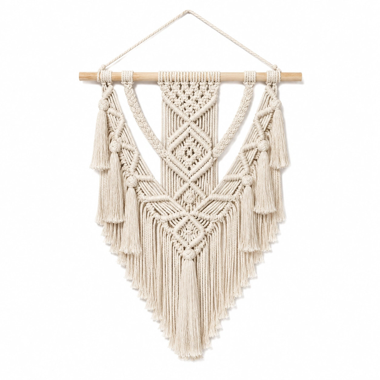 Tapisserie murale 50 x 90 cm en coton écru avec barre en bois style macramé à franges