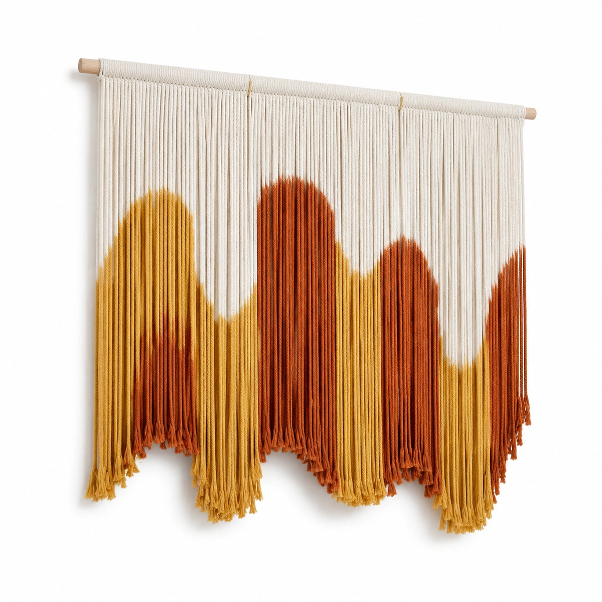 Tapisserie murale 90 x 100 cm en corde textile écru ocre terracotta à franges style bohème