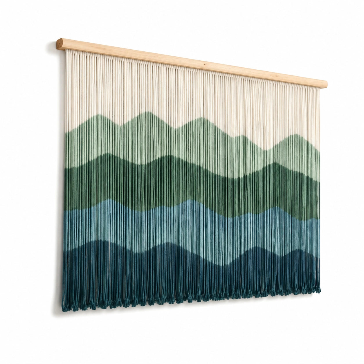 Tapisserie murale 90 x 100 cm en coton vert bleu avec barre en bois style paysage tissé