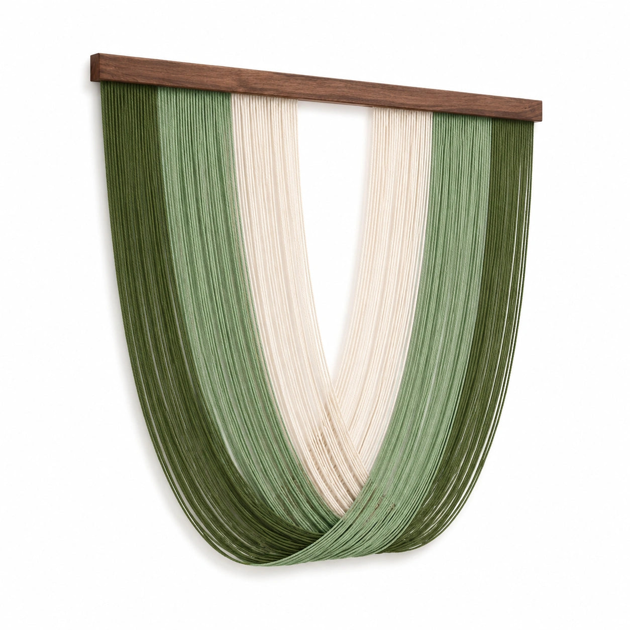 Tenture murale 100 x 120 cm en fibres textiles vert crème avec barre en bois décorative
