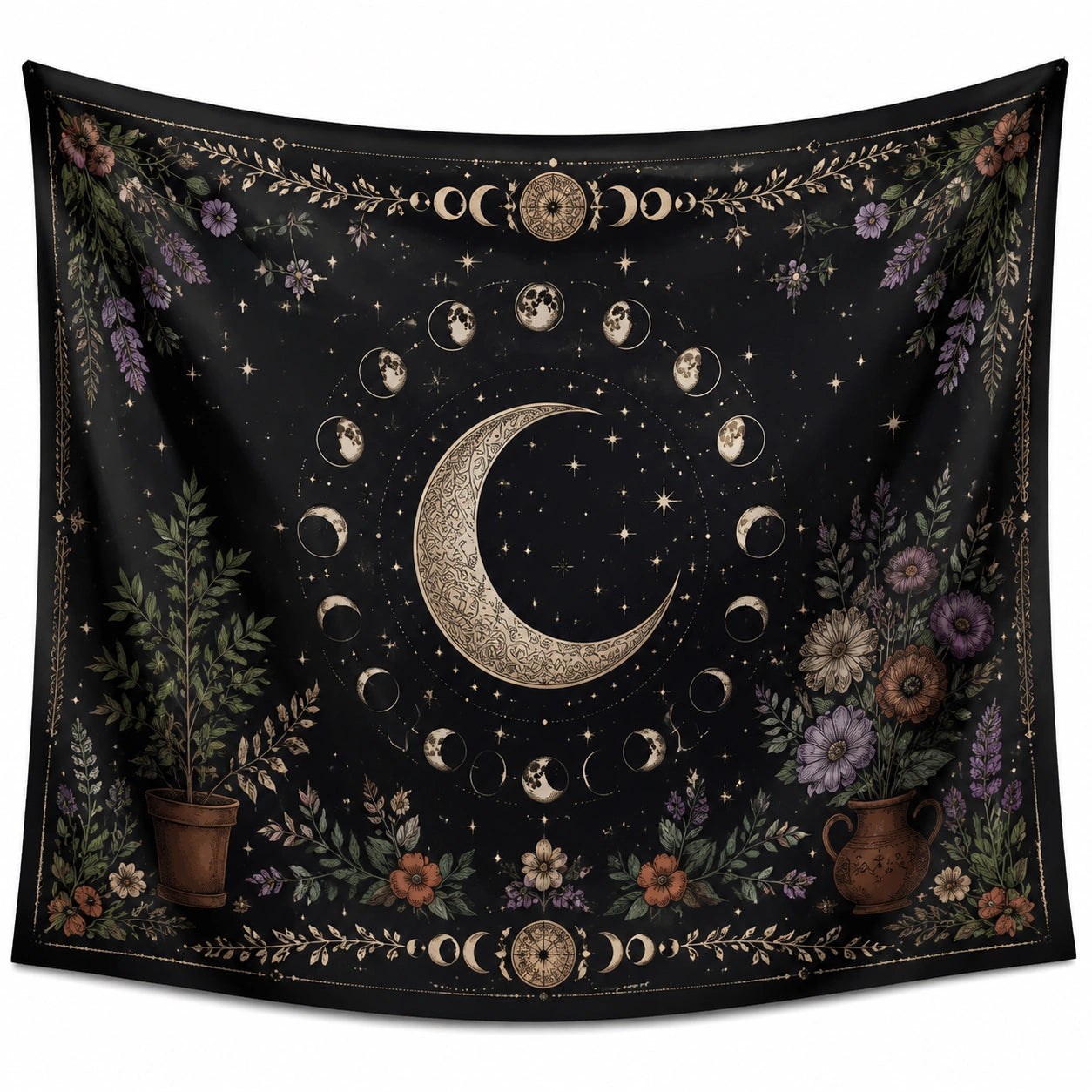 Tenture murale 150 x 150 cm en polyester noir décor floral lunaire