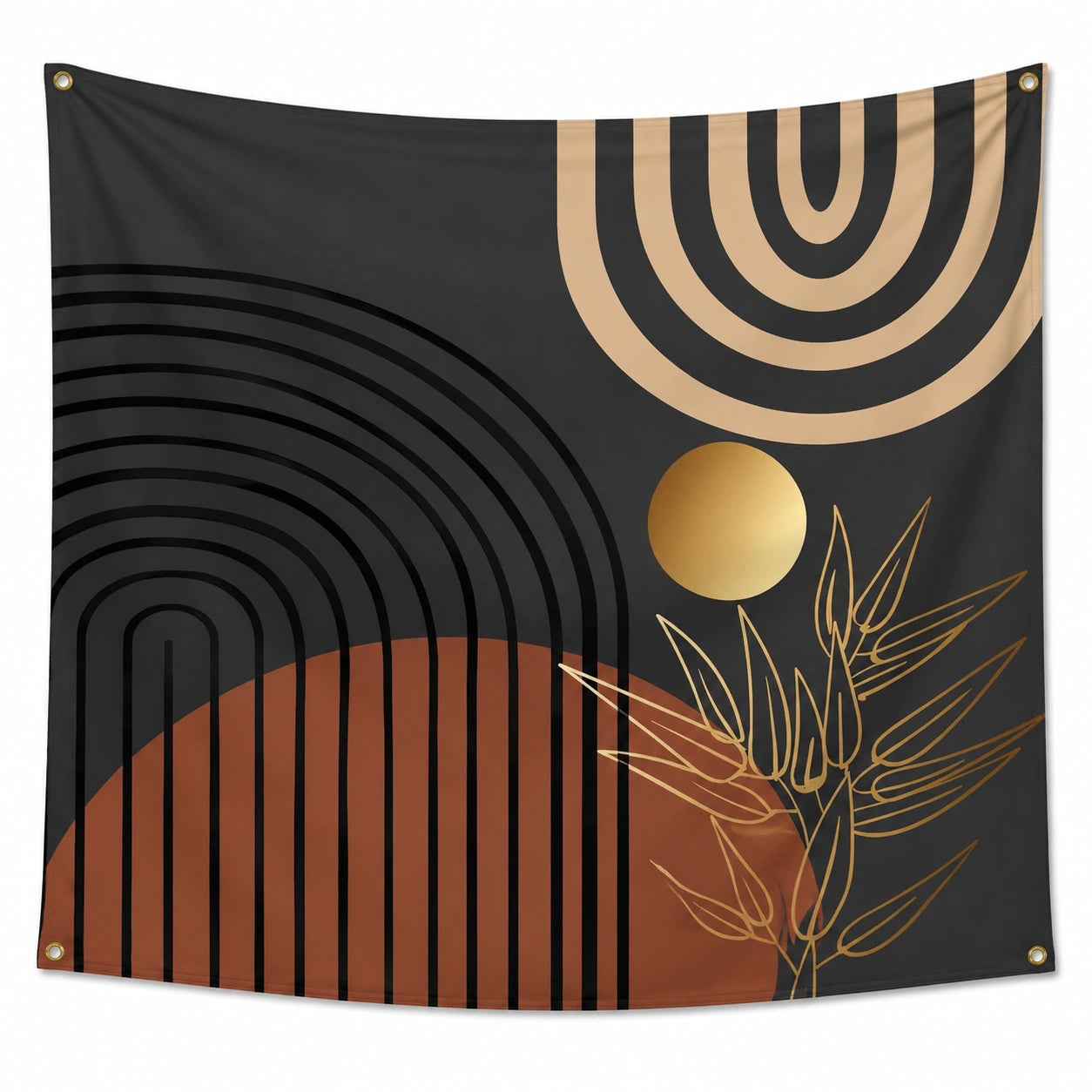 Tenture murale 150 x 150 cm en polyester noir beige et brun à motif graphique pour décoration intérieure