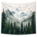 Tapisserie murale 150 x 130 cm en polyester vert blanc motif montagnes forêt