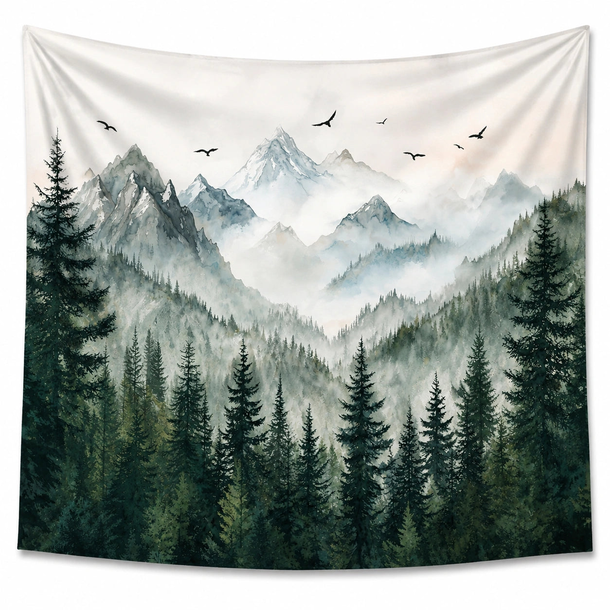 Tapisserie murale 150 x 130 cm en polyester vert blanc motif montagnes forêt