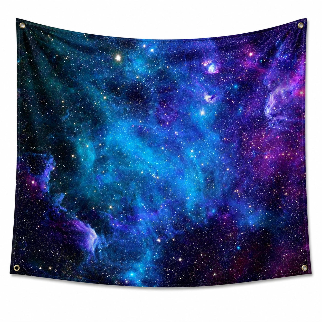 Tenture murale 150 x 150 cm en polyester bleu violet motif galaxie à œillets
