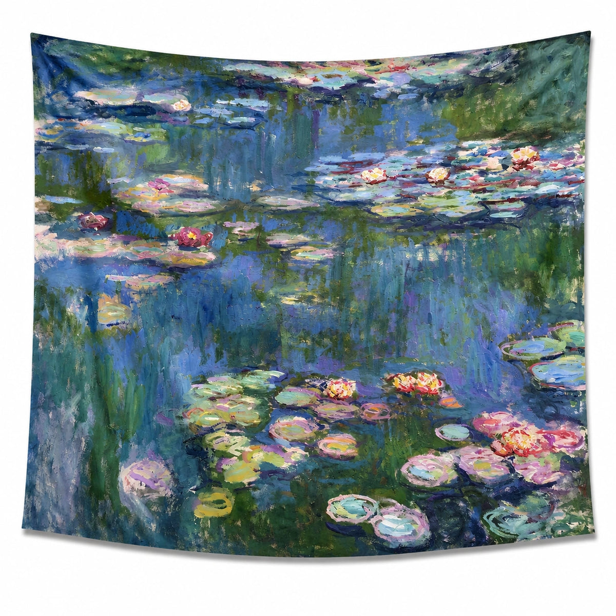 Tapisserie murale 150 x 130 cm en polyester bleu vert décor étang aux nénuphars style impressionniste